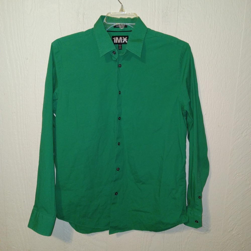 Express 1MX Button Down Men Large Green Modern Fit Stretch Long Sleeve Shirt